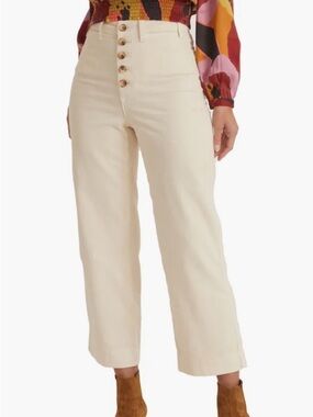 Marine Layer Bridget Exposed Button Crop Wide Leg Flare Corduroy Pants Cream 10